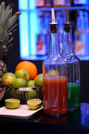Ingredients for cocktails on the counter front view closeup