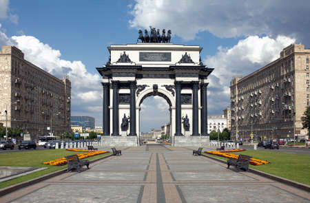 Moscow. Russia - July the 10th 2015: Triumphal Arch on Kutuzovsky Prospekt on a bright sunny day, front viewのeditorial素材