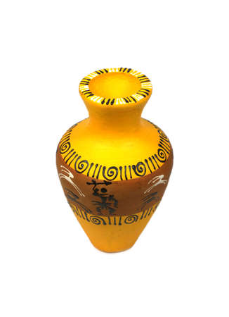 Antique yellow clay vase with painted picture ornament isolated on white background top view vertical close upの写真素材