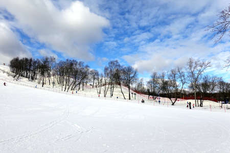 Ski slope outdoors wide angel in the morning at ski resort with beautiful winter weatherの写真素材
