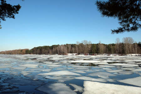 Beautiful natural landscape with ice drift on the spring river and forest trees on opposite bank under cloudless blue sky on sunny dayの写真素材