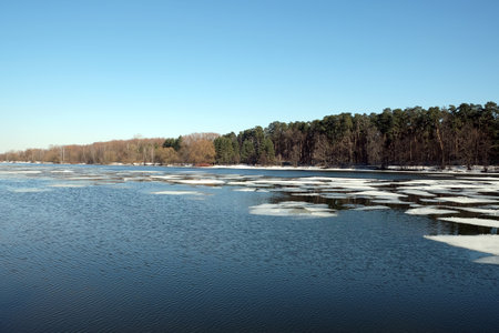 Natural landscape with open water and ice drift on the spring river and forest trees on opposite bank under cloudless blue skyの写真素材