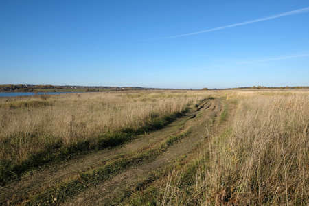 Beautiful early autumn rustic landscape with ground road runs through the field near river to forest under clear blue skyの写真素材