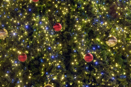 Christmas trees with many colorful balls as background front view close upの写真素材