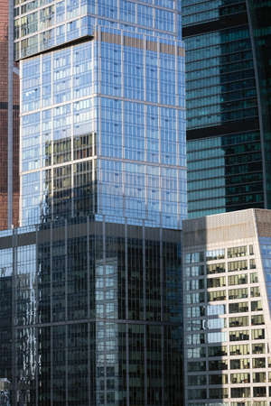 Dense standing of Moscow City International Business Center skyscrapers front view close upの写真素材
