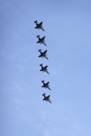 MOSCOW, RUSSIA - MAY 7, 2022: Group of six Russian military tactical frontline bombers SU-25 Frogfoot fast flying on parade rehearsalのeditorial素材