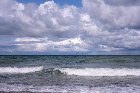 Seascape with storm sea waves with foam under heavy cumulonimbus on the sky till horizonの写真素材
