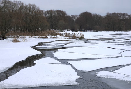 Landscape with broken ice floes on the river in the park on overcast spring dayの写真素材