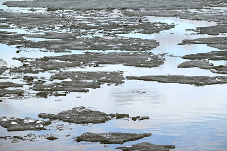 Landscape with melting danger broken ice floes floating in the river on a spring dayの写真素材