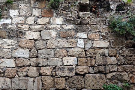 Old stonework from old natural stones as a background with vegetation breaking through in front close-upの写真素材