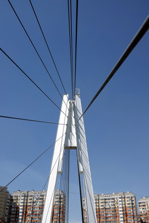 Modern urban cable-stayed bridge with metal ropes in the city district over clear cloudless blue skyの写真素材