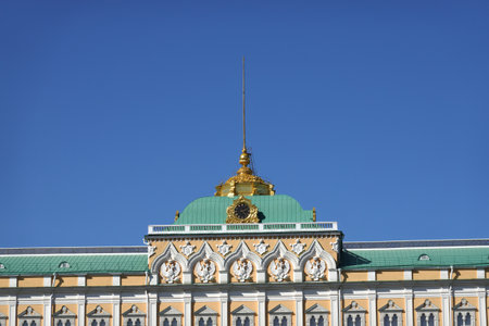 Moscow. Russia - April the 14th 2022: View to top of Grand Kremlin Palace with spire on cupola front view in cloudless sunny dayのeditorial素材