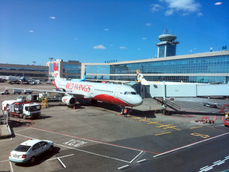 MOSCOW, RUSSIA - April 29, 2019: Passenger supersonic plane Airbus of Russian Red Wings airlines Airbus airplane is preparing to flight in Moscow Domodedovo international airportのeditorial素材