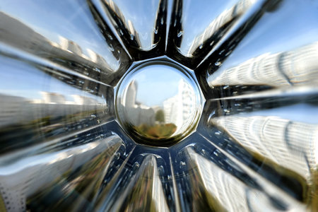 View through empty faceted wine glass to the urban buildings, abstract photoの写真素材