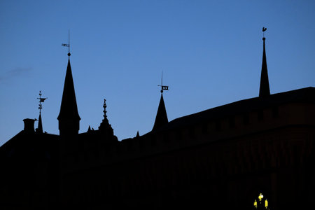 Beautiful silhouettes of roofs and spires of old town Riga houses in twilightの写真素材