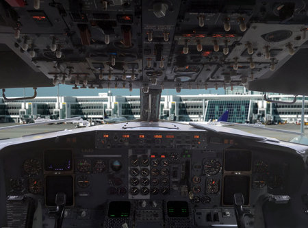 View from landed airplane pilot cockpit to the airfield and Munich International airport building and infrastructureの写真素材