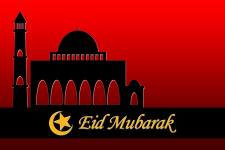 Eid Mubarak greeting with silhouette of mosqueの写真素材