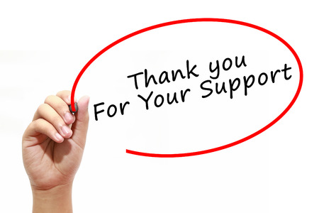 Man Hand writing Thank you For Your Support with marker on transparent wipe board. Business, internet, technology concept.の写真素材