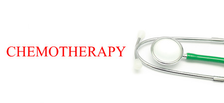 Close up Stethoscope and words Chemotherapy over white backgroundの写真素材