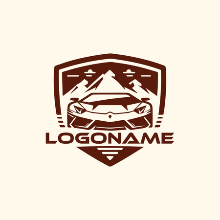 A dynamic vector illustration featuring a sports car with a mountain backdrop inside a shield and circle. Ideal for logos, icons, and t-shirts, it captures adventure.のイラスト素材