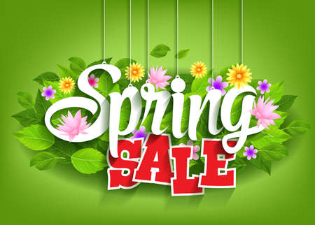 Spring Sale Word Hanging on Leaves with Strings. Vector Illustrationのイラスト素材