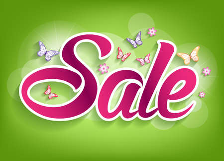 Spring Sale Word with Butterflies and flowers. Vector Illustrationのイラスト素材