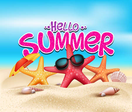Hello Summer in Beach Seashore with Realistic Objectsのイラスト素材