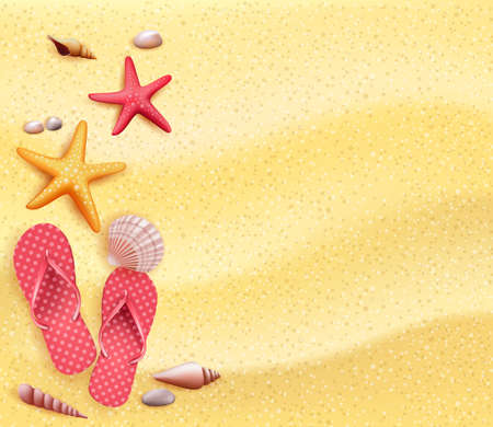 Summer Holidays Blank Background in the Yellow Beach Sand with Slippers, Starfish and Corals. Vector Illustrationのイラスト素材