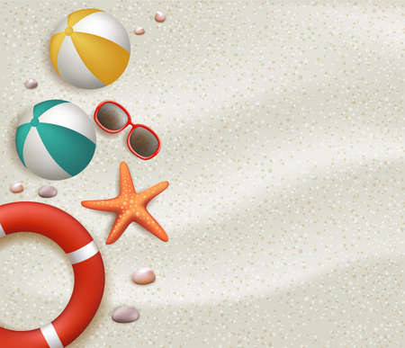 Summer Holidays Blank Background in the White Beach Sand with Ball, Lifebuoy, Sunglasses, Starfish, Stones and Corals. Vector Illustrationのイラスト素材