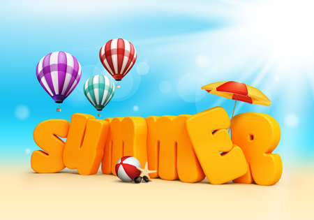 Summer 3D Dimensional Texts Standing in Beach Sand with Sky and Sun Rays Background with Flying Colorful Balloons, Umbrella, Starfish, Sunglasses and Beach Ball. Vector Illustrationの写真素材