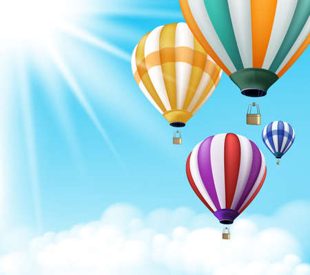 Realistic Colorful Hot Air Balloons Background Flying in the Blue Sky with Sun Rays and Clouds with Space for Writings. Vector Illustrationのイラスト素材
