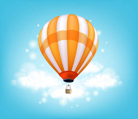 Realistic Colorful Hot Air Balloon Background Flying in the Blue Sky with Lights and Clouds with Space for Writings. Vector Illustrationのイラスト素材