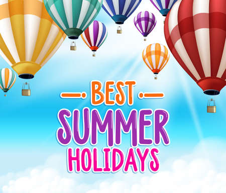 Realistic Colorful Hot Air Balloons Background Flying in the Blue Sky with Sun Rays and Clouds with Best Summer Holidays Title. Vector Illustrationのイラスト素材