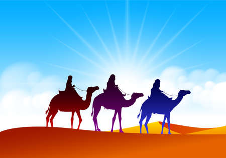 Colorful Group of Arab People with Camels Caravan Riding in Realistic Wide Desert Sands in Middle East. Editable Vector Illustrationのイラスト素材
