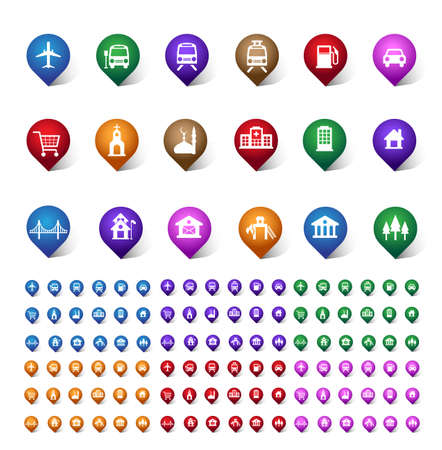 Colorful Set of Location, Places, Travel and Destination Pin Icons and Buttons for Navigation and Maps. Isolated Vector Illustration.のイラスト素材