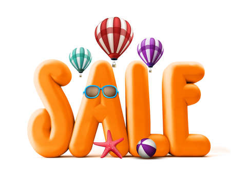 3D Rendered Orange Sale Word Title for Summer Promotions in White Background with Flying Balloons, Starfish, Beach Ball, and Sunglasses Illustrations.の写真素材