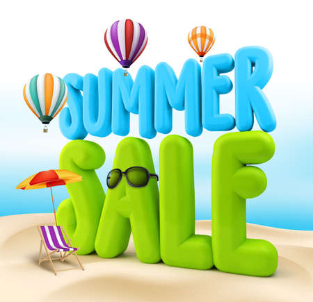 3D Rendered Summer Sale Text Title for Promotion in Beach Sea Shore with Flying Balloons, Colorful Umbrella, Sunglasses and Beach Chair Illustrationの写真素材