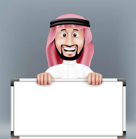 3D Handsome Saudi Arab Man in Traditional Dress Stand Holding Big Blank White Board with Space for Text or Business Messages while Smiling and Talking. Editable Vector Illustrationのイラスト素材