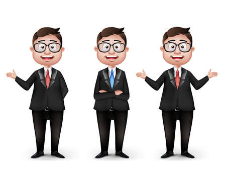Set of Realistic Smart Different Professional and Business Man Characters With Eyeglasses in Long Sleeve and Necktie Isolated in White Background. Editable Vector Illustrationのイラスト素材