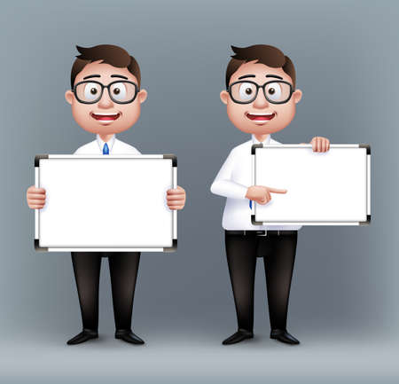 Set of Realistic Smart Professional or Business Man Characters With Eyeglasses Holding Empty White Board in Long Sleeve and Necktie Isolated in White Background. Editable Vector Illustrationのイラスト素材