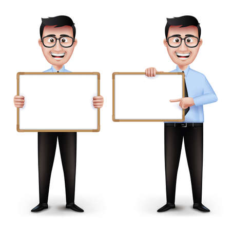 Set of Realistic Smart Professor or Business Man Characters With Eyeglasses Holding Empty White Board in Long Sleeve and Necktie Isolated in White Background. Editable Vector Illustrationのイラスト素材