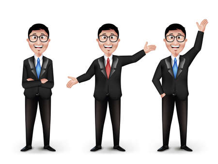 Set of Realistic Smart Different Professional and Business Man Characters With Eyeglasses in Long Sleeve and Necktie Isolated in White Background. Editable Vector Illustrationのイラスト素材