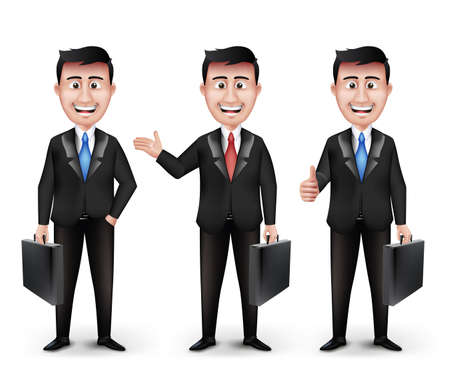 Set of Realistic Smart Different Professional and Business Man Characters Holding Briefcase in Black Suit Long Sleeve and Necktie Isolated in White Background. Editable Vector Illustrationのイラスト素材