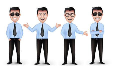 Set of Realistic Smart Different Professional and Business Man Characters in Blue Long Sleeve and Necktie with Eyewear Isolated in White Background. Editable Vector Illustrationのイラスト素材