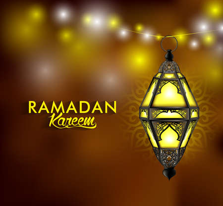 Beautiful Elegant Ramadan Kareem Lantern or Fanous Hanging With Colorful Lights in Night Background for the Holy Month Occasion of fasting. Editable Vector Illustrationのイラスト素材