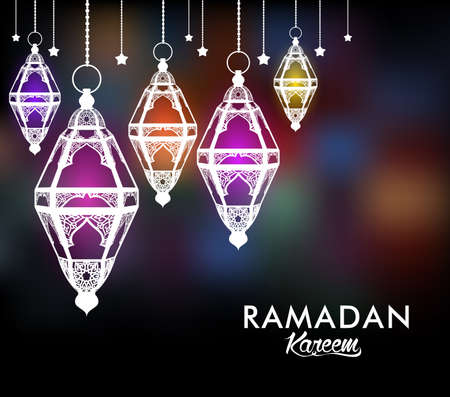 Beautiful Elegant Ramadan Kareem Lantern or Fanous Hanging With Colorful Lights in Night Background for the Holy Month Occasion of fasting. Editable Vector Illustrationのイラスト素材
