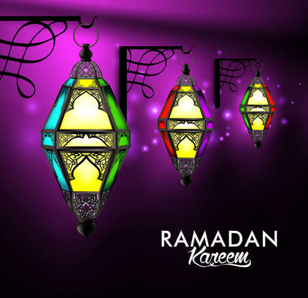 Beautiful Elegant Ramadan Kareem Lanterns or Fanous Hanging in Wall With Colorful Lights in Night Background for the Holy Month Occasion of fasting. Editable Vector Illustrationのイラスト素材