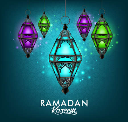 Beautiful Elegant Ramadan Kareem Lantern or Fanous Hanging With Colorful Lights in Night Background With Islamic or Arabic Pattern. Editable Vector Illustrationのイラスト素材