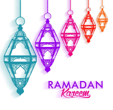 Colorful Elegant Ramadan Kareem Lanterns or Fanous Hanging in White Background with Shadow for the Holy Month Occasion of fasting. Editable Vector Illustrationのイラスト素材