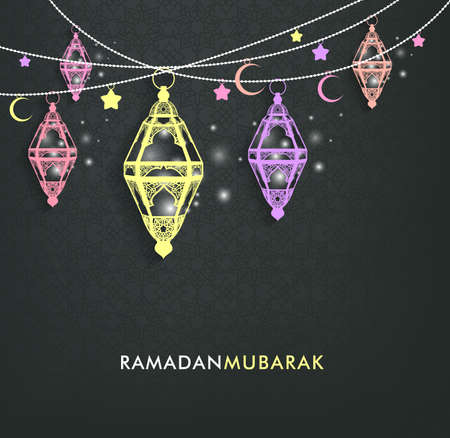 Beautiful Elegant Ramadan Mubarak Lanterns or Fanous Hanging With Colorful Lights in Islamic Pattern Background for the Holy Month Occasion of fasting. Editable Vector Illustrationのイラスト素材